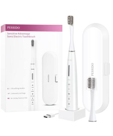 PESSIDO Sonic Electric Toothbrush for Adults and Kids - Wireless Rechargeable Toothbrush with 2 Unique Soft Brush Heads & Travel Case Electronic Power Toothbrush with 5 Modes & Timer (White)
