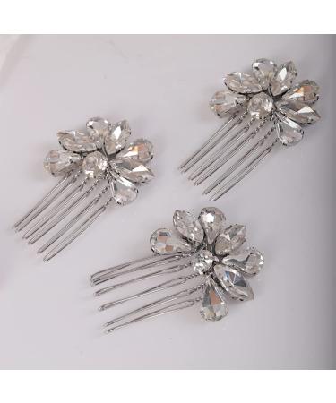 Teyglen Simple Rhinestones Crystal Bride Wedding Hair Comb Set Handmade Red Blue Black Crystal Side Hair Combs Bridal Hair Jewelry Set for Women Bride Girls (Silver)