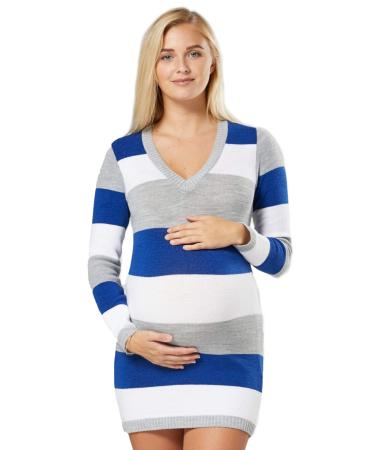 Zeta Ville Women's - Maternity Stripes Knit Jumper Dress Tunic Top V-Neck - 405c 8-10 Royal Blue