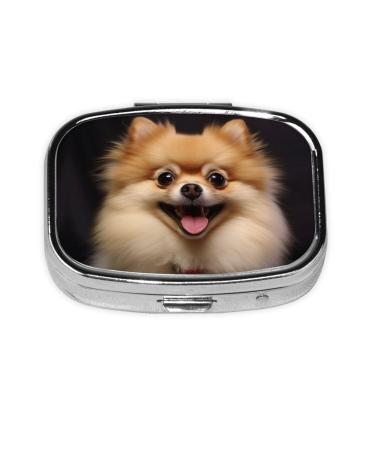 Happy Short-Haired Pomeranian Printing 2 Compartment Small Pill Case Cute Small Pill Box Purse Pill Boxs Travel Pill Organizer for Pocket Purse and Travel Gifts