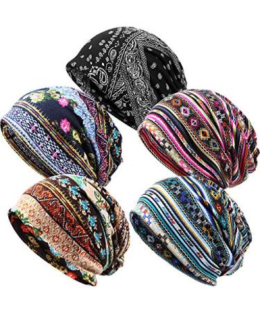 5 Pieces Women's Slouchy Beanie Hat Stretch Turban Hats Cancer Headwear Caps Baggy Skull Sleep Scarf Striped Style