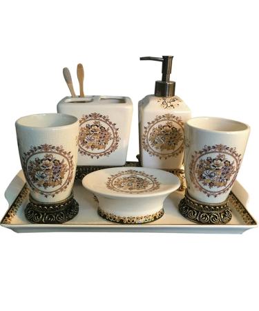 POCHY European Style Ceramic Bathroom Five Piece Set Toothbrush Cup Bathroom Set Toothbrush Holder Wash Kit Light Grey D