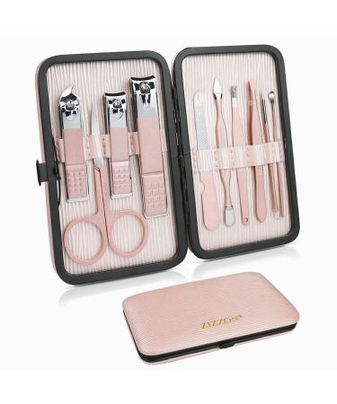 ZIZZON Travel Mini Manicure set Nail Clipper set 10 in 1 Stainless Steel Pedicure Care Grooming kit with Case Pink