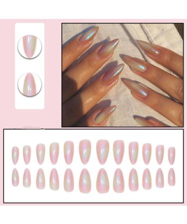 JUSTOTRY 24 Pcs Chrome Almond Short False Nails mirror Pink Solid Press on Nails Pattern Glossy Fake Nails Short Oval French Medium Stick on Nails for Women and Teens Nails Art 30pink&solid5 - Buy Online on GoSupps.com