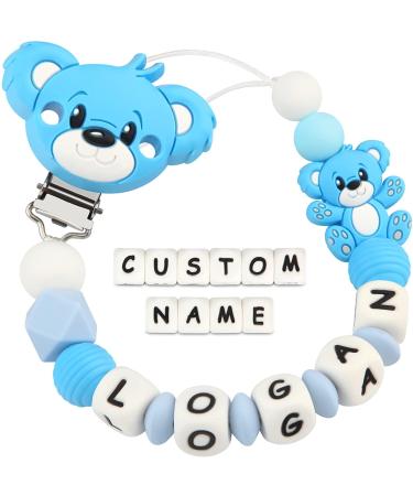 Kowlone Pacifier Chain with Name Boys Girls Personalized Teddy Bear Pacifier Clips Holder (Blue) A: Teddy Bear Blue