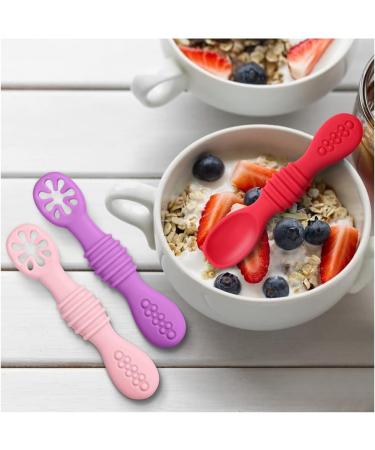 Vicloon 4Pcs Baby Fork and Spoon Set - Self Feeding Utensil Kit for Infant Toddler Children - Silicone Spoon Easy Grip Cutlery Set - Pink/Purple/Orange/Red - Buy Online on GoSupps.com