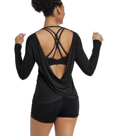 Muzniuer Women's Long Sleeve Workout Shirts Backless Yoga Shirts Cross Back Open Shirt Black X-Large