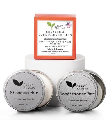 Shampoo Bar and Conditioner Set with Travel Case | Volume and Moisture for Dry Hair | Orange Ylang Ylang Argan Oil | Made in USA | 2-pk Sweet Orange Ylang Ylang Shampoo and Conditioner Bars Combo Pack with Tins