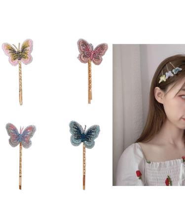 Butterfly Barrette Hair Clip Clasp with Embroidered Silk Yarn Butterflies Hair clips Accessories for Women clips 4pcs (One)