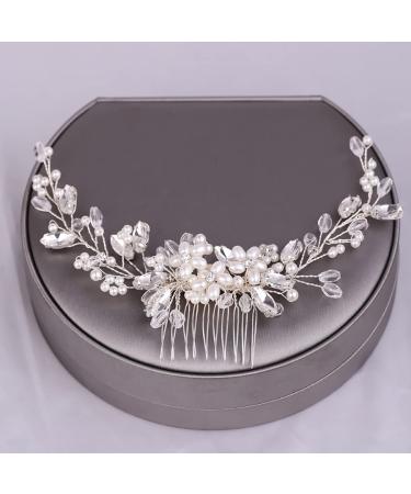 Bmirth Wedding Hair Combs Silver Flower Hair Comb Pearl Bridal Hair Piece Crystal Bride Hair Accessory for Women and Girls