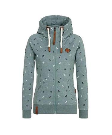 Bigfanshu Womens Hooded Sweatshirts Flocking Thicken Print Jackets Tracksuits Zipper Female Sportswear Green