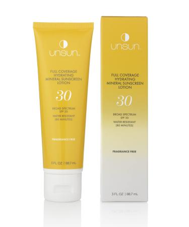 Unsun Full Coverage Mineral Body Sunscreen with Broad Spectrum SPF 30 - Hydrating & Moisturizing  Fragrance-Free Lotion - 3 Fl Oz