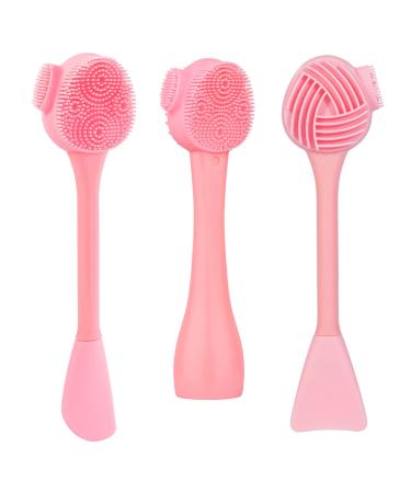 Silicone Facial Cleansing Brush 3 Designs Beomeen 4 in 1 Handheld Face Scrubber for Deep Gentle Exfoliating Double-Ended Face Wash Scrub Brush for Face Skincare and Massage (Pink)