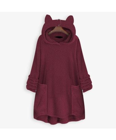 Bigfanshu Womans Tops Fleece Cat Ear Plus Size Long Sleeve Hoodie Pocket Top Sweater Blouse Wine - Buy Online on GoSupps.com