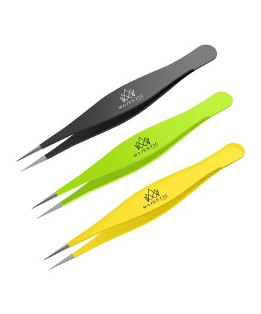 Fine Point Tweezers for Women and Men  Splinter, Ticks, Facial or Chin Hair, Brow and Ingrown Hair Removal  Sharp, Needle Nose, Stainless Steel, Surgical Tweezers Precision Pluckers Majestic Bombay Black Green Yellow