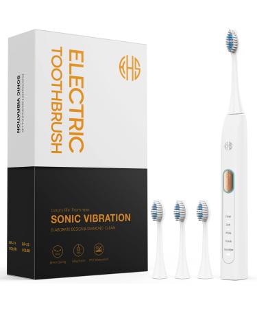 KHS Sonic Electric Toothbrush 5 Modes 4 Replacement Heads Rechargeable Power Toothbrush IPX7 Waterproof 2 Min Timer Oral Care Toothbrush for Adults Kids(Off-White)