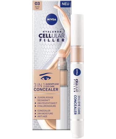 Nivea Hyaluron Cellular Filler 3in1 Eye Care Concealer Dark (4 ml) anti-Age concealer with hyaluron cover pen for dark circles redness and pimples dark 4 ml (1 Pack)
