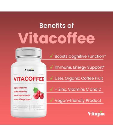 Vitapia Vitacoffee Caffeine Pills Coffee Fruit Vitamin C Vitamin D Zinc Gluconate Energy Memory Focus Skin Support 60 Capsules - Buy Online on GoSupps.com