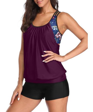 Yonique Dark Purple X-Large Two Piece Tankini Swimsuit Set | Blouson Swim Top with Boy Shorts | Women's Athletic Swimwear - Buy Online on GoSupps.com