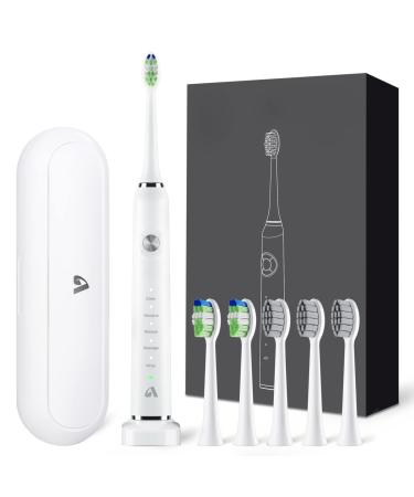 Sonic Electric Toothbrush for Adults with 6 Brush Heads and Travel Case, Wireless Fast Charge and Long Lasting, Smart Timer 5 Modes Whitening Toothbrushes by JTF, White