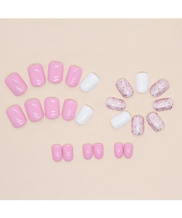 24Pcs French False Nails Short Square Pink White Glitter Designs - Acrylic Full Cover Fake Nails for Women - Nail Art Accessories - Buy Online on GoSupps.com