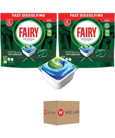 Fairy Original All in One Dishwasher Pouches Food Grease Water Stains Remover Cleaner Detergent Shiny Glasses Washing Up Liquid 14pk Pack of 2 with Welari Thank You Card | (2pack) (2x189g) - Buy Online on GoSupps.com