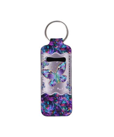 Bulopur Blue Sparkle Butterfly Chapstick Holder Keychains Clip-on Chapstick Sleeve Pouch Lipstick Holder Keychain Lip Balm Holder Key Chain for Travel Accessories