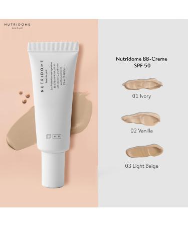 Nutridome | BB cream for face | SPF50 | Hyaluronic acid | Vitamin C | Squalane | Vegetable oils | Evens out skin tone | Lightens pigment spots | Shade: Light Beige | 25 ml - Buy Online on GoSupps.com