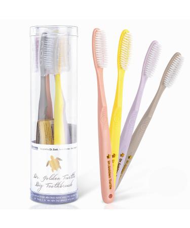 Dr.Golden Turtle Long Head Toothbrush 4-Pack Designed by Dentist | Easy Plaque Remover | Huge Toothbrush for Adults | Tooth Brushes Set | Toothbrush Medium Hard | Smokers Toothbrush for Clean Teeth