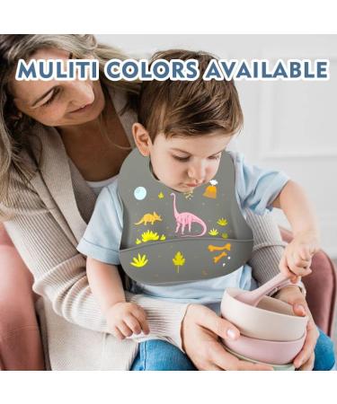 Soft Silicone Baby Feeding Set with Adjustable Bib, Suction Bowl, Plate, Straw Cup, and Utensils - Baby Led Weaning Supplies with Cute Patterns | Space & Dinosaur Design - Buy Online on GoSupps.com