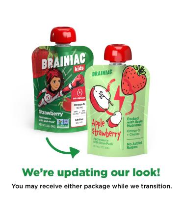 Brainiac Apple Strawberry Applesauce Pouches | 20 Count, 3.2 oz | Omega-3s, Vitamin C & Choline | Unsweetened & Immune Boosting | Healthy Snacks for Kids On-the-Go - Buy Online on GoSupps.com