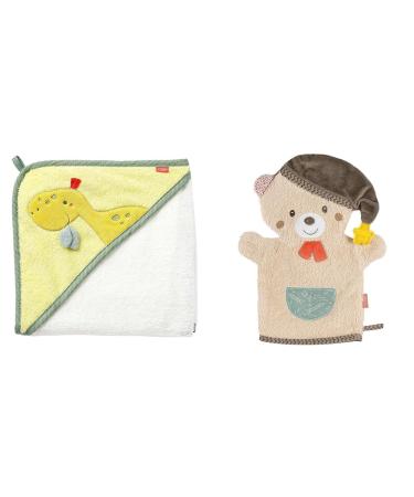 Fehn Bathektuch Baby Dino - Bathing towel Kinder Poncho made of terry & washcloths Bear - Washing glove with animal motif bundle with washcloths Bear