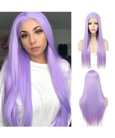 Wigoddess Straight Long Lilac lavender Purple Lace Front Wigs for Fahison Women Natural Looking Light Purple Colorful Wigs Natural Looking Synthetic T Part Lace Front Wigs With Natural Baby Hair 22 Inch 22 Inch (Pack of 1)…