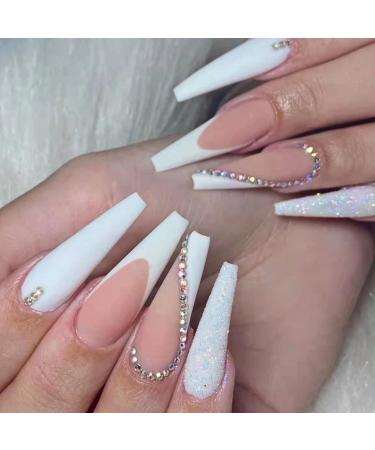 RUNRAYAY White French Fake Nails with Rhinestones Splicing Press on Nails with Sequins Design Long Stick on Nails False Nails Art Kit for Women Girls