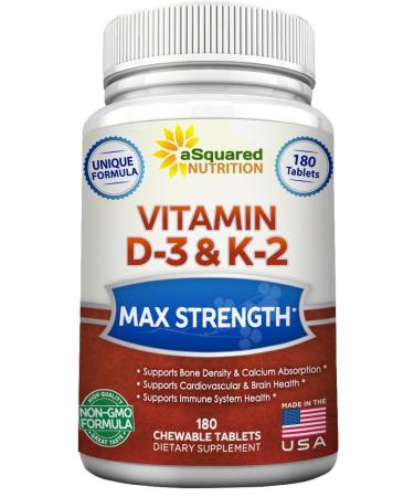 Vitamin D3 with K2 Supplement - 180 Chewable Tablets Max Strength D-3 Cholecalciferol & K-2 MK7 to Support Healthy Bones Teeth Heart - Antioxidant D 3 & K 2 MK-7 Energy Formula for Men and Women 180 Count (Pack of 1)