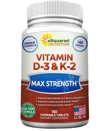 Vitamin D3 with K2 Supplement - 180 Chewable Tablets Max Strength D-3 Cholecalciferol & K-2 MK7 to Support Healthy Bones Teeth Heart - Antioxidant D 3 & K 2 MK-7 Energy Formula for Men and Women 180 Count (Pack of 1) - Buy Online on GoSupps.com