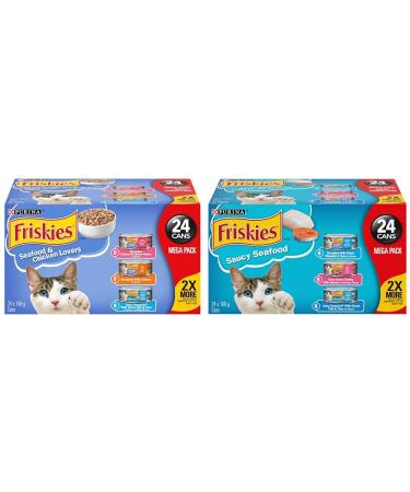 Purina Friskies Seafood & Chicken Lovers Wet Cat Food Variety Pack 24 x 156g Cans Brown (45078) & Wet Cat Food Saucy Seafood Variety Pack - 24 x 156 g Can (24 Pack) Wet Cat Food + Wet Cat Food 24 Pack