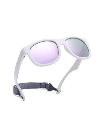 Pro Acme Unbreakable Polarized Baby Sunglasses Flexible Toddler Sunnies with Strap Soft Silicone Frame for 0-24 Months A9 - White Frame | Purple Mirrored Lens
