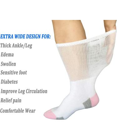 Women's Non-Binding Diabetic Socks - Wide Top, Loose Fitting, 4 Pairs White/Pink - Ideal for Diabetes, Edema, Medical, Hospital, Thick Ankle, Crew, Casual Dress Sox - Buy Online on GoSupps.com