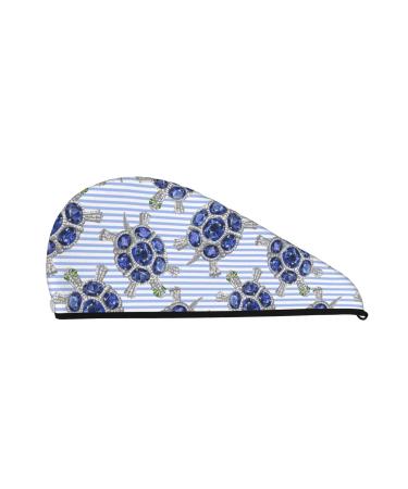 Hair Towel Wrap Hair Drying Towel with Button Towel Turban Head Towel to Dry Hair Quickly (Turtle with Blue Stones)