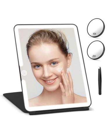 Jadazror Travel Mirror with Light and Detachable 3.5inch 10X & 20X Magnifying Mirror  9.85 * 7.5inch Large Travel Makeup Mirror with 3 Light Settings  Portable Lighted Makeup Mirror USB Rechargeable Black-with Magnifying...
