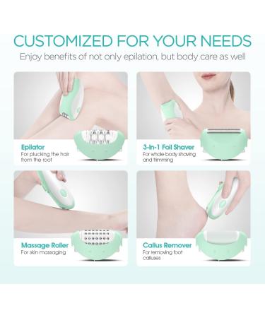 VOGOE 4-in-1 Rechargeable Epilator for Women - Cordless Hair Removal with 2 Speeds and 21 Tweezers - Ideal for Face, Legs, Arms, Armpit, and Bikini Area - Green - Buy Online on GoSupps.com