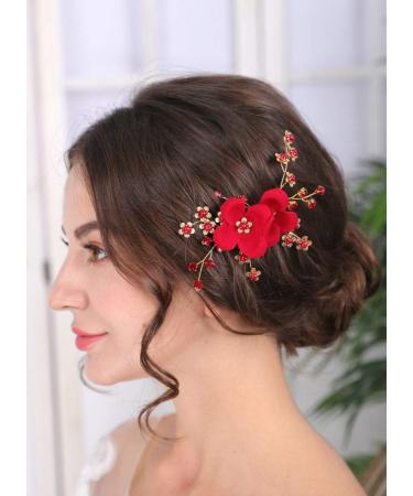 Sither Red Hair Clip for Bridal Floral Hair Comb for Women Wedding Hair Accessories for Bride Hair Clip Headpiece for Wedding Party Prom Gift