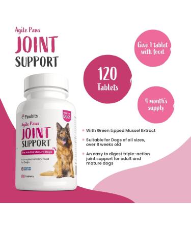 Pawbits 120 Adult Senior Dog Hip & Joint Supplements for Older Mature Dogs. High Strength Green Lipped Mussel Supplement for Elderly Dogs with Stiff Joints - Glucosamine Vitamin C & E 120 tablets - Buy Online on GoSupps.com