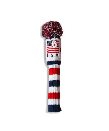CRAFTSMAN GOLF US Flag Knit Pom Pom White Blue Red Driver,Fairway Wood, Hybrid Head Cover Headcover for Callaway Mizuno Cobra Taylormade 1pc #5 Wood Cover