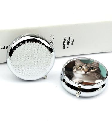 Curious Cat Print Round Pill Box - 3 Compartment Decorative Metal Organizer for Traveling | Ideal Pocket Pill Case - Buy Online on GoSupps.com