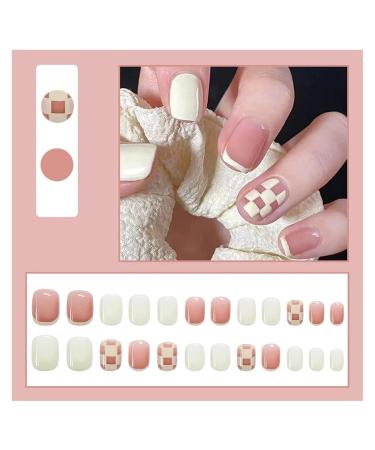 24pcs Short Square False Nails - Pink White Lattice Classic Artificial Fake Nails | Shop Now! - Buy Online on GoSupps.com