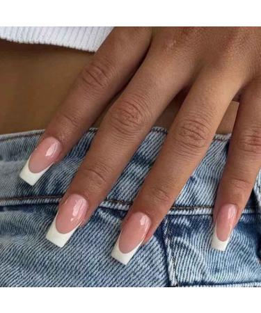 Foccna Nude Fake Nails Long  French Coffin Glossy Press on Nail False Tips Artificial Finger Manicure for Women and Girls 24pcs