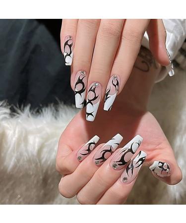 Sethexy Long Ballerina False Fingernails - French Coffin Acrylic Nails with Rhinestones | 24 Press-On Nail Tips for Women & Girls - Buy Online on GoSupps.com