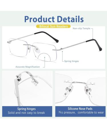 Rimless Bifocal Reading Glasses - Photochromic Sunglasses | Blue Light Blocking Titanium | UV Protection for Men & Women | 2.0x Magnification - Buy Online on GoSupps.com